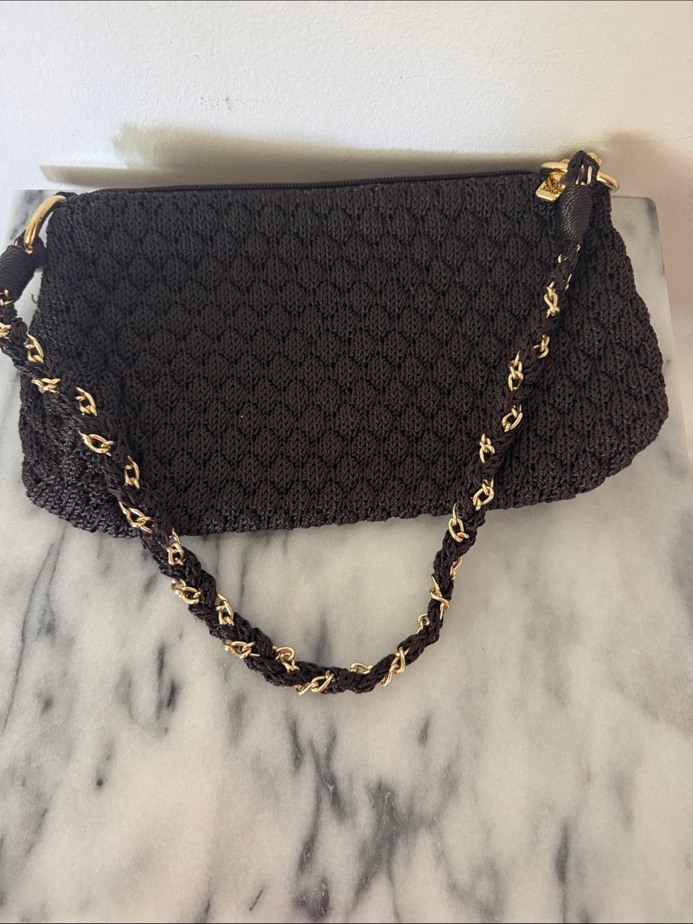 Woven Chain-Accent Shoulder Bag - dark brown -NWOT